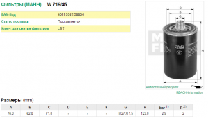 Фильтр масляный двигателя W71945 MANN FILTER